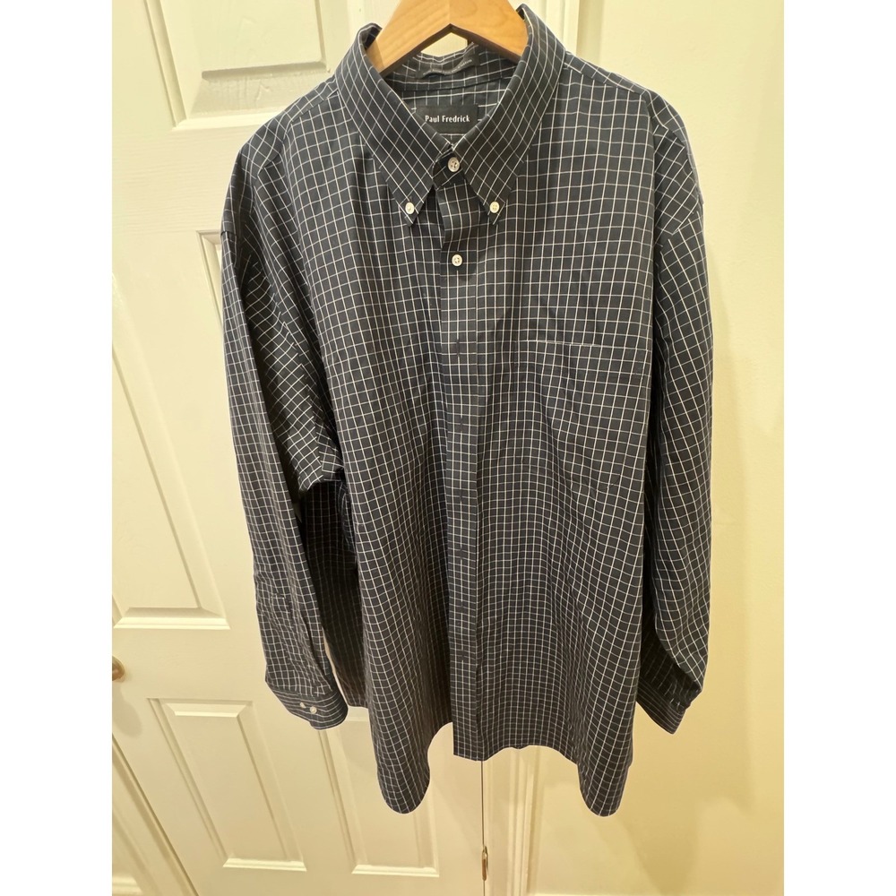 Paul Fredrick Mens Dress Shirt 19x36 Classic Fit Non-Iron Cotton Navy Windowpane